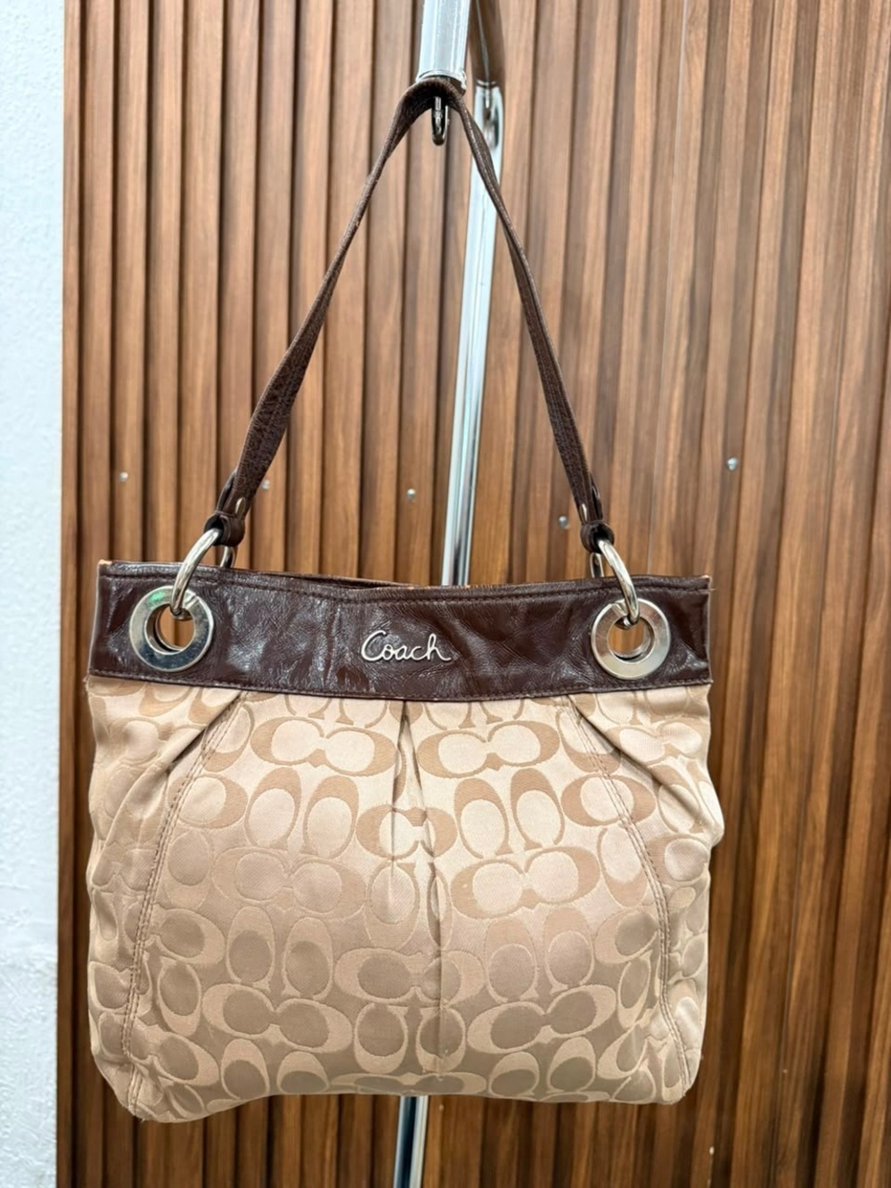 Coach Ashley Signature Jacquard Pleated Leather Canvas Brown Tan Shoulder Bag